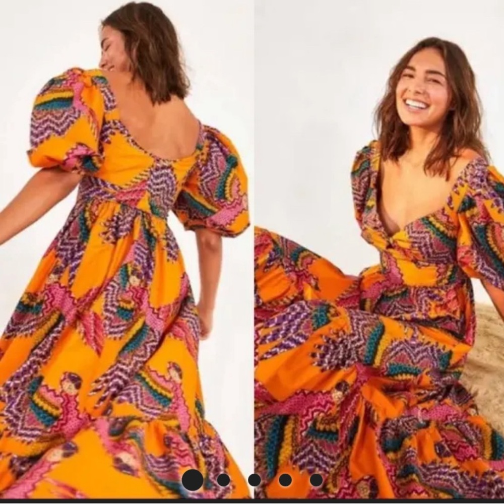 Farm Rio Macaw Puff Sleeve Orange Midi Dress